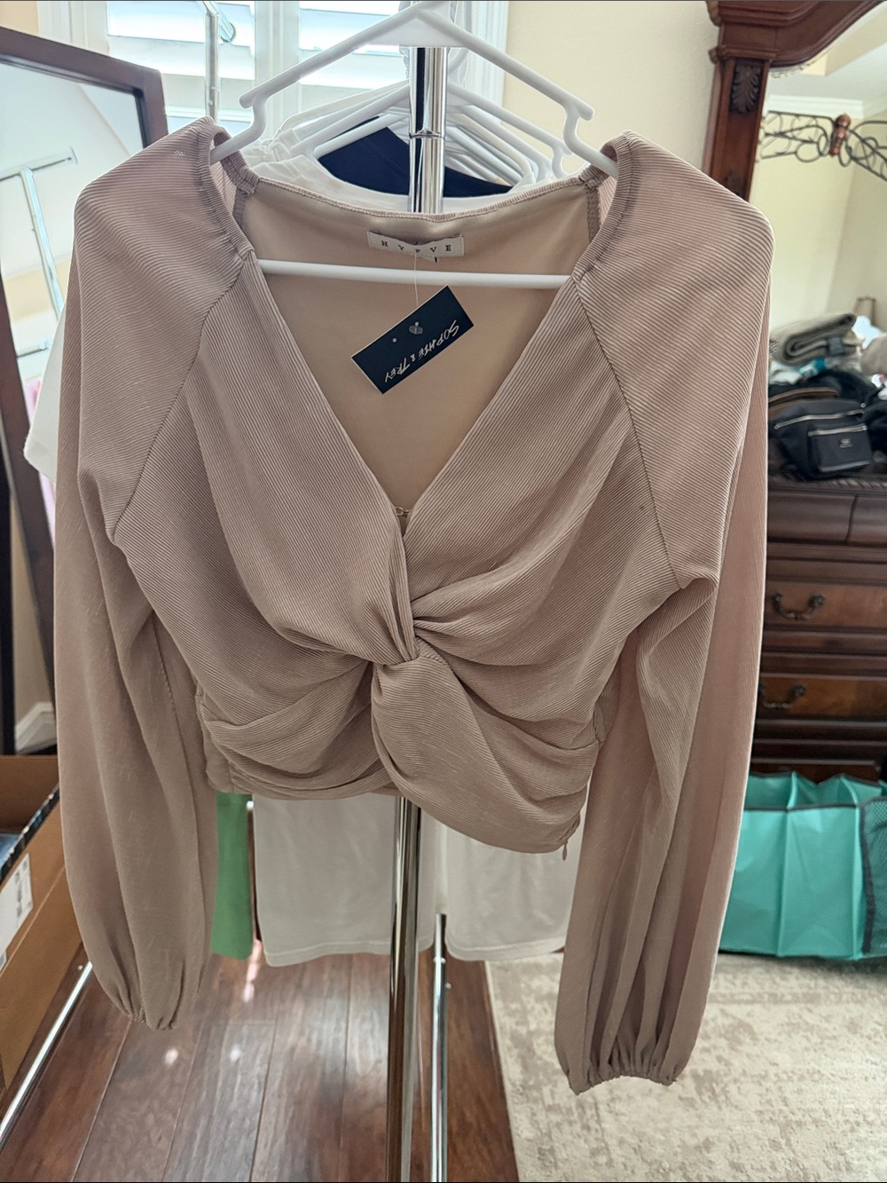 HYFVE Twisted Front Long-Sleeve Cropped Top in Taupe